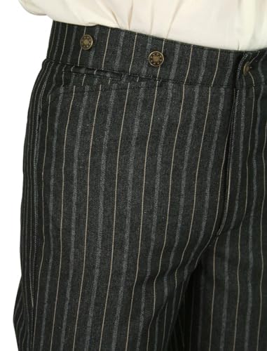 Historical Emporium Men's High Waist Preston Striped Cotton Blend Trousers, Victorian Western Pants with Suspender Buttons3