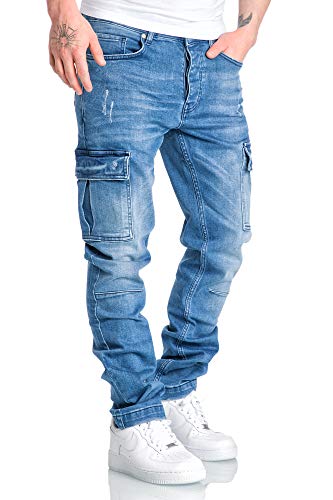 Amaci&Sons Herren Cargo Jeans Regular Slim Denim Hose Destroyed 7985 Hellblau W34/L34