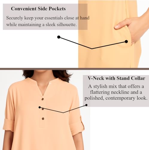 Image of Women's Roll-Up Sleeve Tunic Top, V-Neck with Button Front, Side Pockets, Rayon Short Kurti