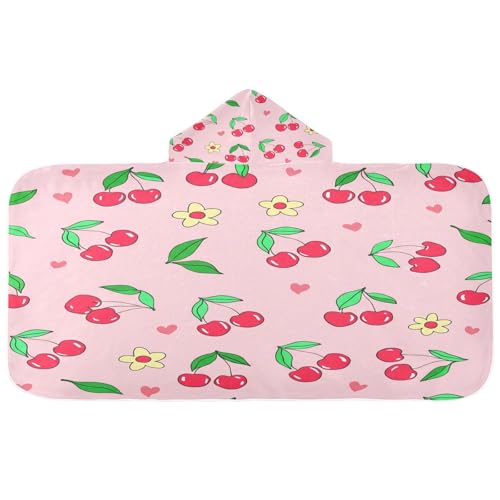 Nesatuwa Hooded Towel for Kids,Red Cherries Green Kids Beach Bath Towels Soft Absorbent Quick Dry Poncho Towel for Girls Boys