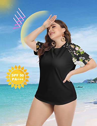 Cootry Womens Plus Size Rash Guard Short Sleeve Swim Shirt Upf 50+ Sun Protection Swimsuit Top Black Floral 3Xl #TOP3