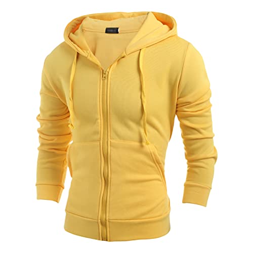 Maiyifu-GJ Men's Full Zip Sport Fleece Hoodie Lightweight Zip-Up Active Hooded Sweatshirt Basic Long Sleeve Slim Fit Hoodies (Yellow,Large)