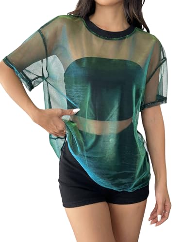 OYOANGLE Womens See Through Top Metallic Mesh Sheer Short Sleeve Rave T-Shirt Green M