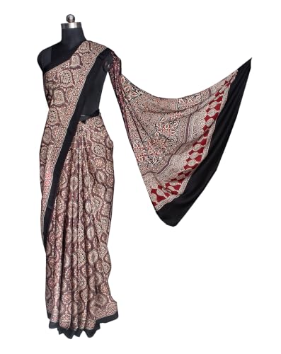 Image of Ethnics of Kutch Womenss Ajrakh Modal Silk Natural Dye Hand Block Print Saree with Blouse Piece - 5.5 Mtr Length