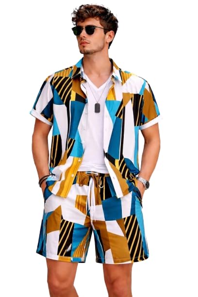 Men's Tropical Print Short Sleeve Shirt and Shorts Set, Casual Summer Beach Co-ord-picture-51