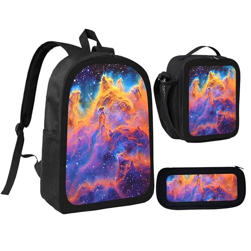 Universe Nebula Colorful 3 Pcs 17 Inches Backpack Set with Insulated Lunch Bag And Pencil Pouch Large Back Pack for Men Women Lunchbox Pencil Case Waterproof Backpacks Lunch Box 3 Piece Daypacks