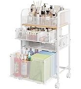 Hongtamoya Rolling Makeup Cart Organizer with 3 Drawers, Floor Skincare Organizers with Wheels, C...
