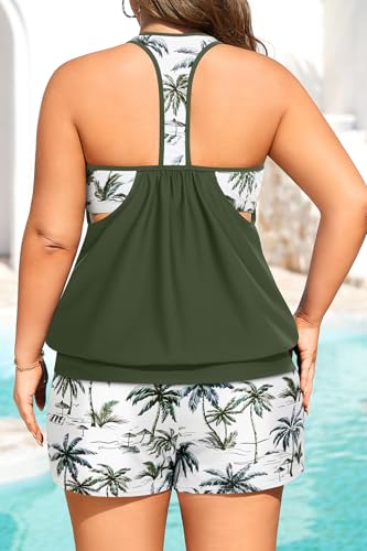 Image of Holipick Plus Size Tankini Swimsuit for Women Two Piece Tummy Control Bathing Suit Blouson Racerback Tankini Top with Shorts