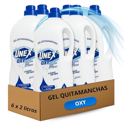 Activador del lavado Ropa Blanca, Quita las manchas, Gel Quitamanchas, Con Oxigeno Activo, Especial lavado a mano o máquina como complemento del detergente, Eficaz en agua fria, 6 Botellas de 2 Litros
