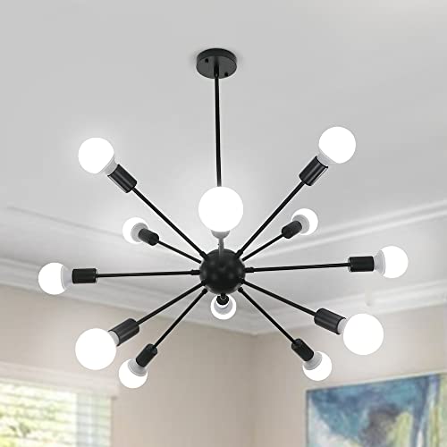 LynPon Sputnik Lampadario, Modern Sospensione e Plafoniere, Altezza Regolabile, 12 Luci Illuminazione Nera per Cucina Soggiorno Camera da letto Loft