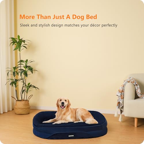 HMTOPE Orthopädisches Hundebett, Hundesofa, Vierseitiges Nackenrolle Kissen, rutschfeste Unterseite Hundekorb, Abnehmbar und Waschbar, Mittelgroße Hunde, Grosse Hunde, 106 x 79 x 17 cm, Navyblau