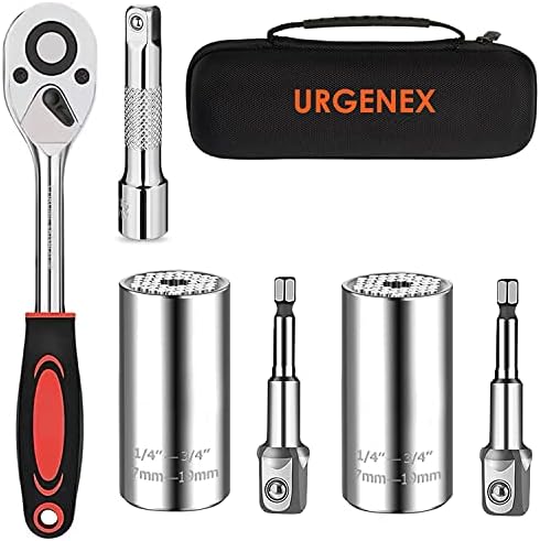 URGENEX Universal Socket Wrench Tool Kit 7-19mm Socket Grip Tool Sets with 3/8 Ratchet Wrench Power Drill Adapter Gift for DIY Handyman, Husband, Boyfriend, Dad, Women (Silver)