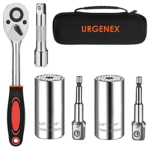 URGENEX Kit d'outils de clé à douille universelle de 7 à 19 mm avec clé à cliquet 3/8 et adaptateur pour perceuse électrique Cadeau pour bricoleur, mari, petit ami, papa, femme (argent) Cover