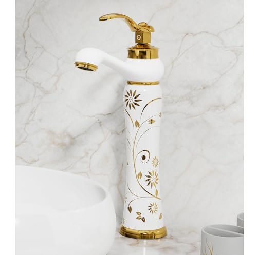 Image of Backline Basin Mixer Tap for Bathroom Wash Basin | 12 inch Long Pillar tap for Basin | Single Lever Hot & Cold Water Faucet | Basin Taps for Bathroom & Livingrooms (White Gold Long Body)