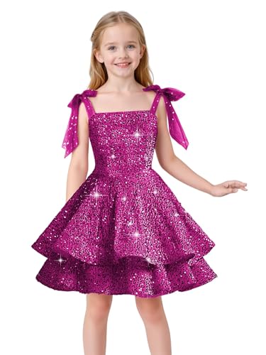 Sequined Girl Dress Tiered Sparkling Bow Strap Short Birthday Wedding Pageant Formal Mini Dress