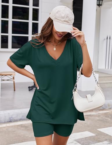 Image of Ekouaer Womens Pajamas 2 Piece Lounge Sets Oversized V Neck T-Shirts Tops Biker Shorts Set Workout Reversible Tracksuit S-XXL