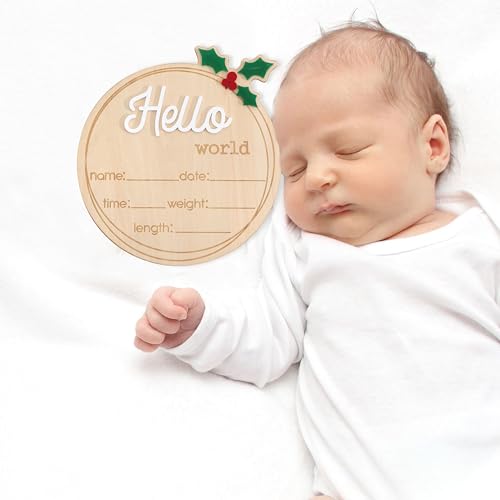 Image of Wooden inchHello World inch Baby Announcement Board - Newborn Birth Sign, Baby Shower Decor, Hospital Nursery Information Board, Baby Milestone Photo Prop, Gender Neutral Keepsake (Holly Berries Christmas)