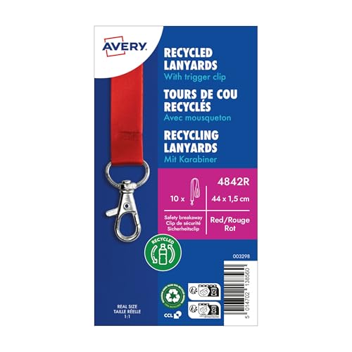 Tour de cou rouge Avery en plastique reconditionné avec mousqueton métal pour badge - Lot de 10