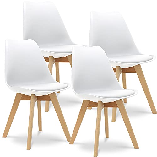 Waytex Lot de 4 Chaises Design Scandinave Coque Rigide Blanche, Assise Mousse et revetement PU, avec 4 Pieds Bois