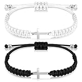 Sureio Cross Friendship Bracelet Adjustable Braided Rope Jesus Christian Cross Bracelets Matching Couple String Lucky Strand BFF Wristband for Women Men Boy Girls Easter Baptism(White/Black)