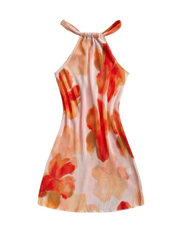 Mini robe plissée sans manches imprimé floral col rond