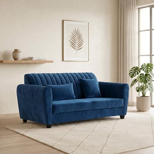 Image of Velvet 2 Seater Sofa, Chesterfield Tufted Sofa with Nailhead Trim, Rolled Arm Sofa with Wood Legs for Living Room & Office (Blue)