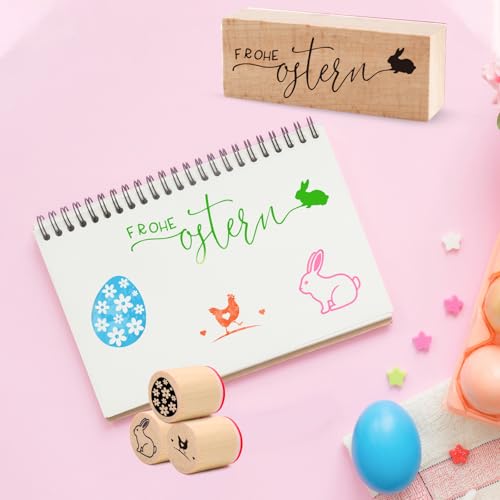 4 Stücke Stempel Frohe Ostern Motivstempel aus Holz,Huhn stempel Osterhasen Ostereier für DIY Scrapbooking Kartenherstellung Fotoalbum Journal