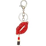 Romantic Sexy Charming Lipstick Lips Shaped Crystal Rhinestone Keychain Key Chain Key Ring Charm Phone Purse Car Bag Pendant Decoration Ornament (Red)