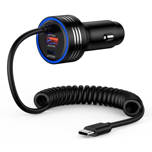 Cargador de coche USB C dual PD y QC con cable tipo C para carga rápida
