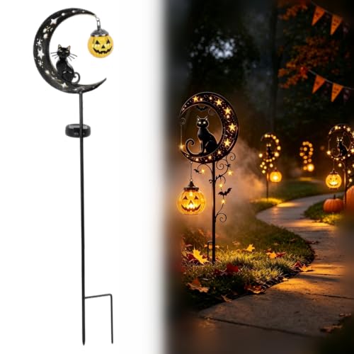 Solar Halloween Black Cat & Pumpkin Moon Garden Stake Light, Metal Crescent Moon & Pumpkin Lantern, Outdoor Waterproof LED Yard Decoration with Crescent Moon, for Patio Lawn Path Yard (B #) - image 1