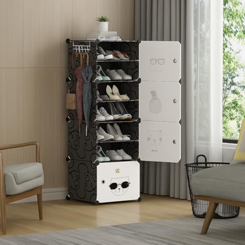 Image of YASONIC Plastic Shoe Rack for Home with Door, 4-Door Shoe Storage Cabinet | 8-Shelfs for 16 Pairs | Waterproof & Portable DIY Shoe Slipper & Chappal Stand for Entryway /Bedroom (Blackwh-W5)