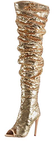 Women's Sparkle Sequins Over The Knee Boots Fashion Sexy High Heels Thigh High Boots Open Toe Party Dance Stiletto Knee High Boots Gold Size 10 EU42 Women's Sparkle Sequins Over The Knee Boots Fashion Sexy High Heels Thigh High Boots Open Toe Party Dance Stiletto Knee High Boots Gold Size 10 EU42