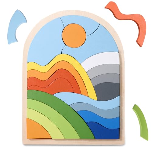 Safmord Montessori Wooden Shape Puzzles - Color Matching & Cognition Fun for Kids Over 3 Years Old, with Rainbow Blocks & Themes, Fine Motor Skill Building Toys & Gifts (Sunrise)
