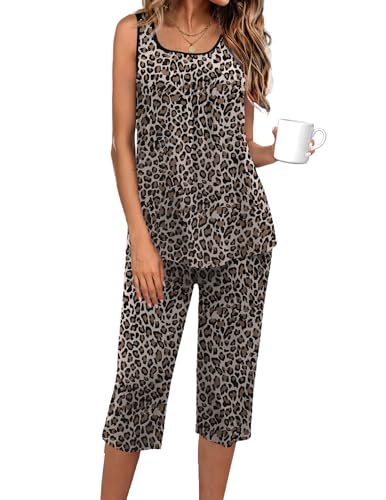 Image of Ekouaer Capri Pajama Sets for Women 2 Piece Soft Cute Pjs Round Neck Sleeveless Lounge Set for Summer Sleepwear S-XXXL