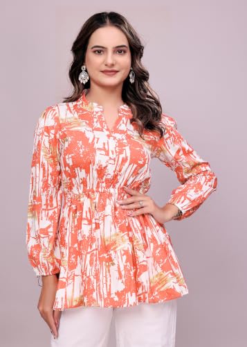 Image of NEW Women's Stylish Brown Polka Dot Crepe Fabric Tunic Top | Full Sleeves Collared Neck Peplum | Flared Fit Trendy Ladies Top