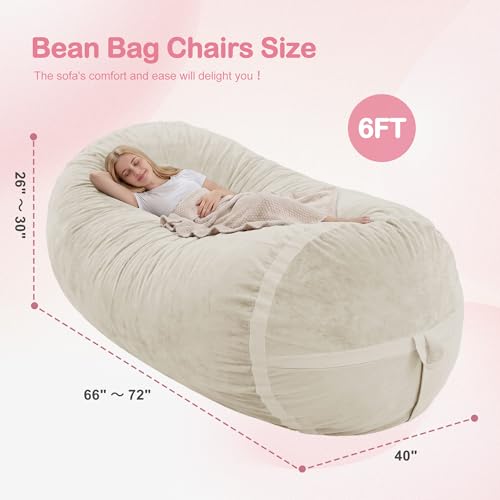 Image of 6FT Bean Bag Chair 6'Giant Bean Bag Chairs with Adults, Large Beanbag Chair | Bean bag Lounger with Machine Washable Cover Dutch Velvet Fabric, Comfy Chairs for Living Room Bedroom Dorm, Beige