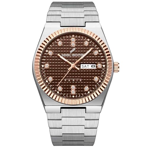 Image of Daniel Hechter Hoche Collection Classic Analog Watch for Men - Textured Dial,Crystal Indices with Fluted Bezel, Date Display and Silver Stainless Steel Strap