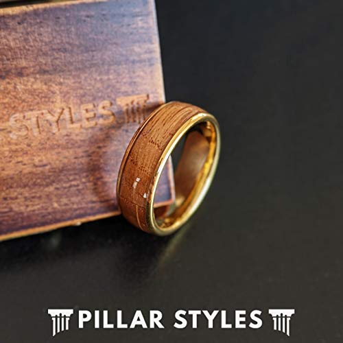 Pillar Styles 14K Gold Whiskey Barrel Rings For Men 8Mm Yellow Gold Wedding Bands With Whisky Bourbon Wood Inlay Comfort Fit Tungsten Rustic Wooden Anniversary Gifts For Him thumb #3