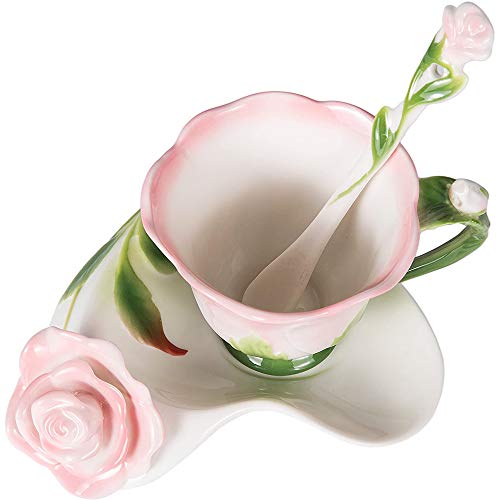 Oneustar Tea Cup And Sauce Set For 1 Ceramic Hand Crafted Rose Flower Shaped Coffee Cup For Valentine's Day, Mother's Day, Birthday, Wedding Gift 7 Oz #TOP1