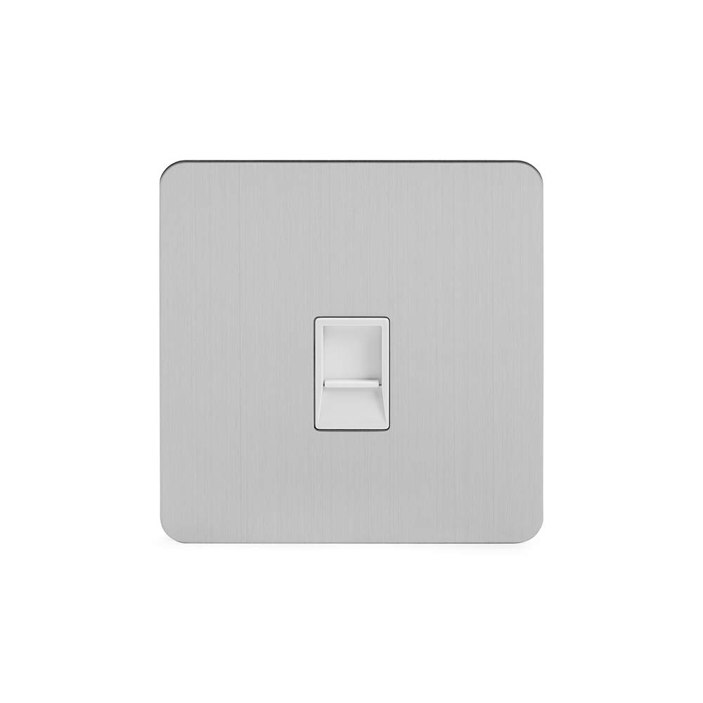 Soho Lighting Brushed Chrome Flat Plate 1 Gang Data Socket RJ45 Cat5 Wht Ins Screwless