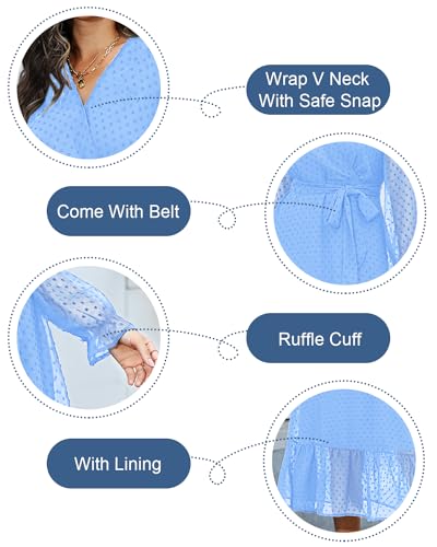 Image of Women's Fall Long Sleeve Spring Dress Wrap V Neck Swiss Dot Casual A-Line Midi Dresses with Belt