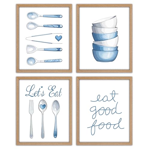 Kitchen Wall Art Posters, Farmhouse Blue & White, Set of 4