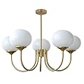 BOKT 5 Light Contemporary Milk White Glass Globe Chandelier Vintage Gold Sputnik Chandelier Light Fixture Adjustable Large Modern Brushed Brass Ball Sputnik Pendant Hanging Light Kitchen Island