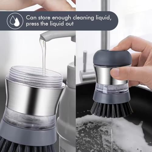 Image of Stainless Steel Kitchen Soap Dispensing Dish Scrubber - Palm Brush for House Cleaning - Durable and Efficient Cleaning Tool (Pack of 1)