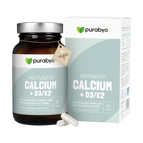 Calcium mit Vitamin D3/K2 | im Glas | Hochdosiert 640 mg | Aquamin natural Calcium aus Rotalgen | natürliches Kalzium | Calcium hochdosiert | vegan, laborgeprüft und in Deutschland hergestellt