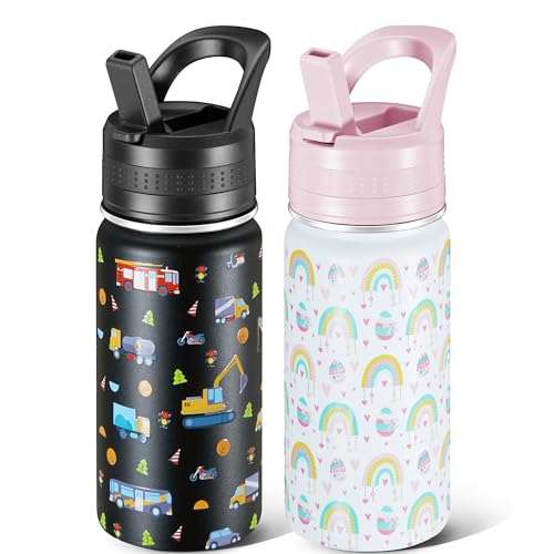 2 Pack Kids Water Bottle,14 Oz Stainless Steel Water Bottle with Straws, Leak-Proof, BPA-Free, Insulated Water Bottles for School Boys & Girls|Black Car + White Rainbow