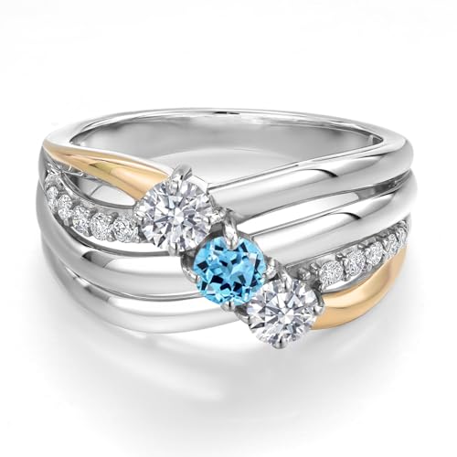 925 Silver and 10K Yellow Gold Lab Grown Diamond and Swiss Blue Topaz and Lab Grown Diamond Engagement Ring for Women | 1.05 Cttw | Round 4MM | Gemstone April Birthstone | Available in Size 5,6,7,8,93