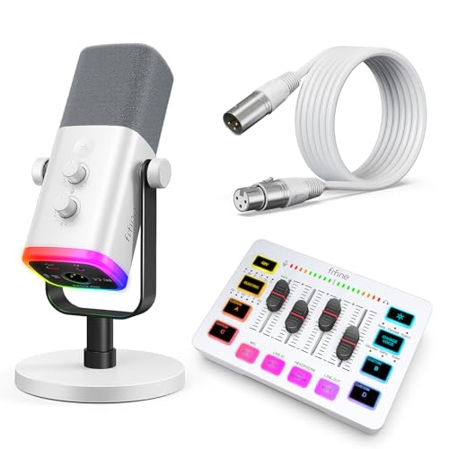 FIFINE Streaming Audio Bundle, Dynamic RGB XLR/USB Microphone with All-in-One Mixer &amp; 10ft Balanced XLR Cable for Gaming, Podcasts, Content Creator &amp; Home Studio Recording-AM8W+SC3W+L9W