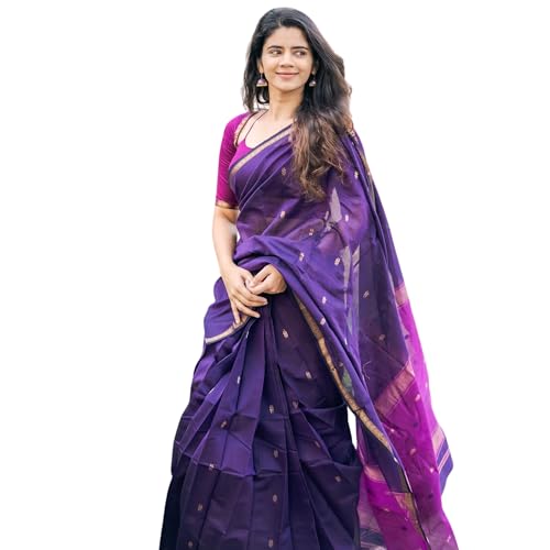 Image of Original Maheswari Cotton Silk Saree for Women | Kanjivaram Pure Silk Cotton Sari with Blouse | Zari Work | Tassels | Handloom Weave