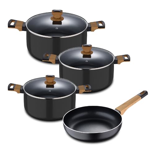Bergner Earth | Bateria de cocina de 7 piezas | Color Negro | Fabricada en Aluminio Prensado...